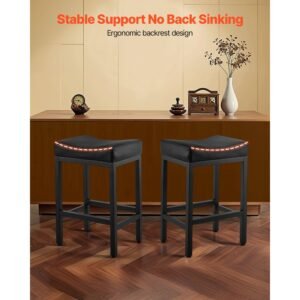 bar stool set of 2, pu leather counter height stools, 25 inch barstool with saddle seat and metal legs, easy assembly backless bar chair, island barstools for kitchen, dining room, cafe, black