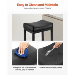 bar stool set of 2, pu leather counter height stools, 25 inch barstool with saddle seat and metal legs, easy assembly backless bar chair, island barstools for kitchen, dining room, cafe, black