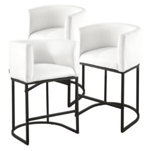 Bar Stool Set of 3, 25 inch Counter Height Stools, Counter Barstool with Backrest, Arm, Metal Frame, and Footrest, Accent Fabric Bar Chair, Island Barstools for Kitchen, Dining Room, White