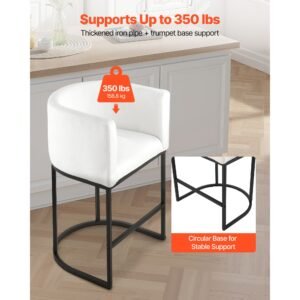 bar stool set of 3, 25 inch counter height stools, counter barstool with backrest, arm, metal frame, and footrest, accent fabric bar chair, island barstools for kitchen, dining room, white