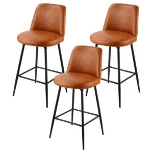 Bar Stool Set of 3, 27 inch Counter Height Swivel Stools, Modern PU Leather Counter Barstool with Backrest and Metal Legs, Armless Bar Chair, Island Barstool for Kitchen, Dining Room, Brown