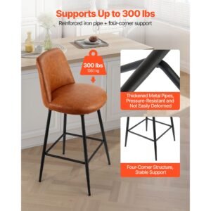 bar stool set of 3, 27 inch counter height swivel stools, modern pu leather counter barstool with backrest and metal legs, armless bar chair, island barstool for kitchen, dining room, brown