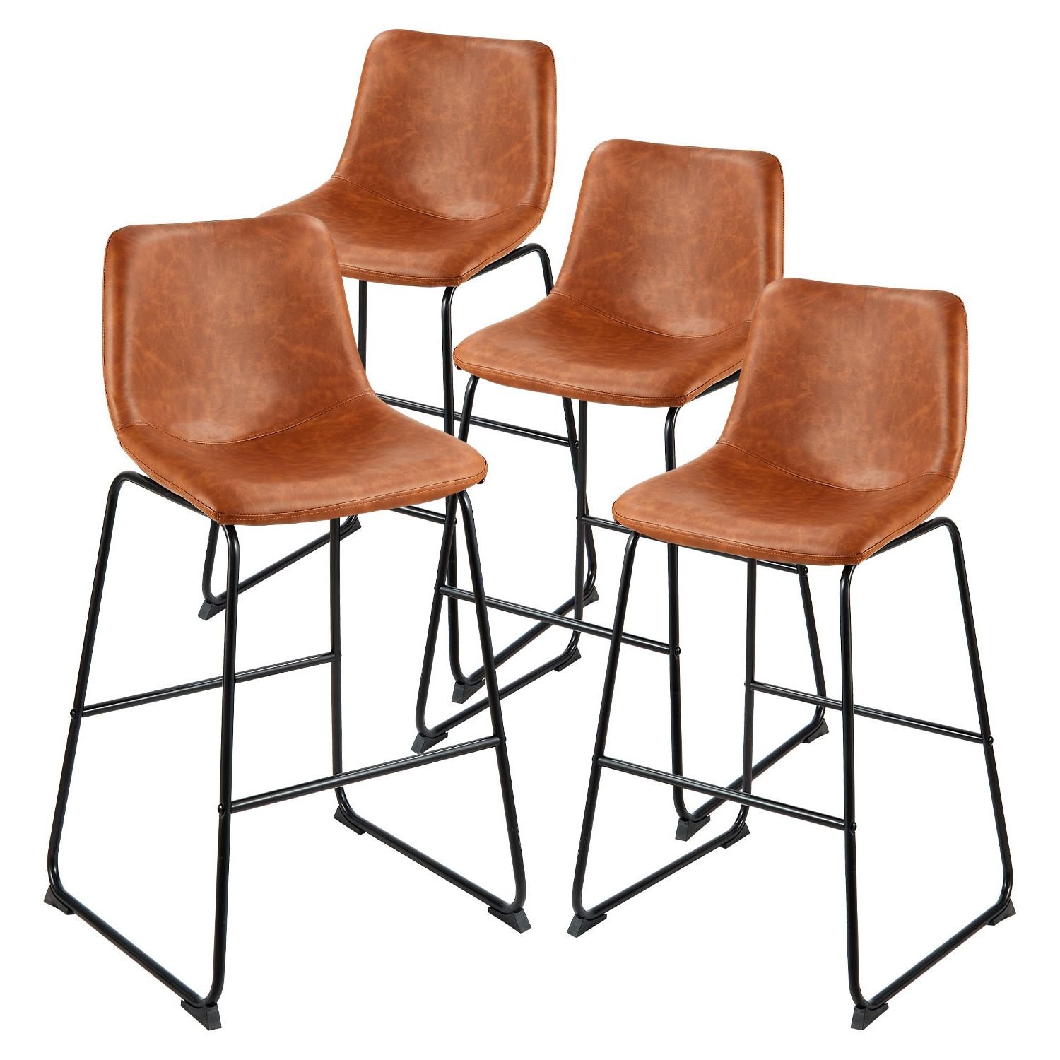 bar stool set of 4, 26 inch counter height stools, modern pu leather counter barstool with backrest, metal legs, easy assembly armless bar chair, island barstool for kitchen, dining room, brown