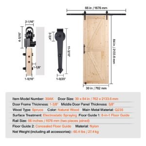 barn door and hardware kit, 30" x 84" wood sliding barn door, smoothly and quietly, barn door kit with 8 in 1 floor guide and door handle, spruce wood panelled slab, easy to install