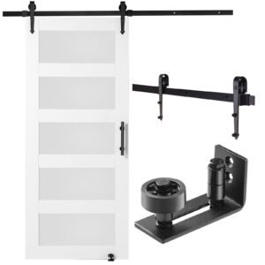 Barn Door and Hardware Kit, 36" x 84" Wood and Glass Sliding Barn Door, Smoothly and Quietly, Barn Door Kit with 8-in-1 Floor Guide and Door Handle, Spruce Wood Slab and Frosted Glass