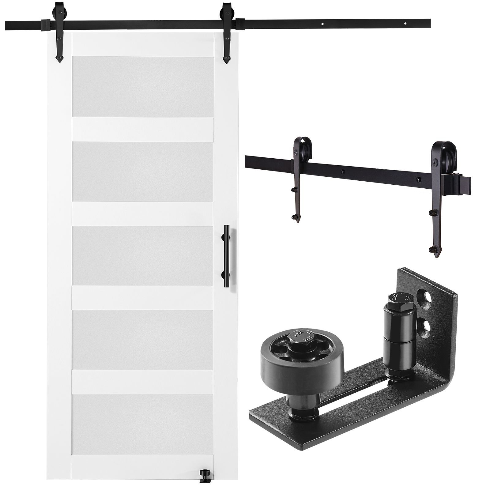 barn door and hardware kit, 36" x 84" wood and glass sliding barn door, smoothly and quietly, barn door kit with 8 in 1 floor guide and door handle, spruce wood slab and frosted glass