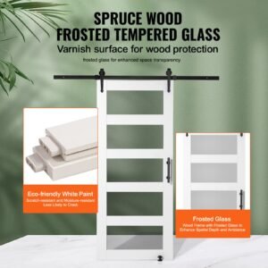 barn door and hardware kit, 36" x 84" wood and glass sliding barn door, smoothly and quietly, barn door kit with 8 in 1 floor guide and door handle, spruce wood slab and frosted glass