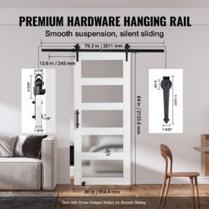 barn door and hardware kit, 36" x 84" wood and glass sliding barn door, smoothly and quietly, barn door kit with 8 in 1 floor guide and door handle, spruce wood slab and frosted glass