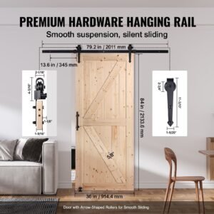 barn door and hardware kit, 36" x 84" wood sliding barn door, smoothly and quietly, barn door kit with 8 in 1 floor guide and door handle, spruce wood panelled slab, easy to install