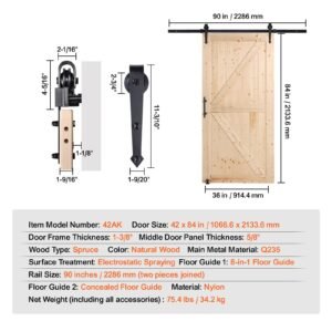 barn door and hardware kit, 42" x 84" wood sliding barn door, smoothly and quietly, barn door kit with 8 in 1 floor guide and door handle, spruce wood panelled slab, easy to install