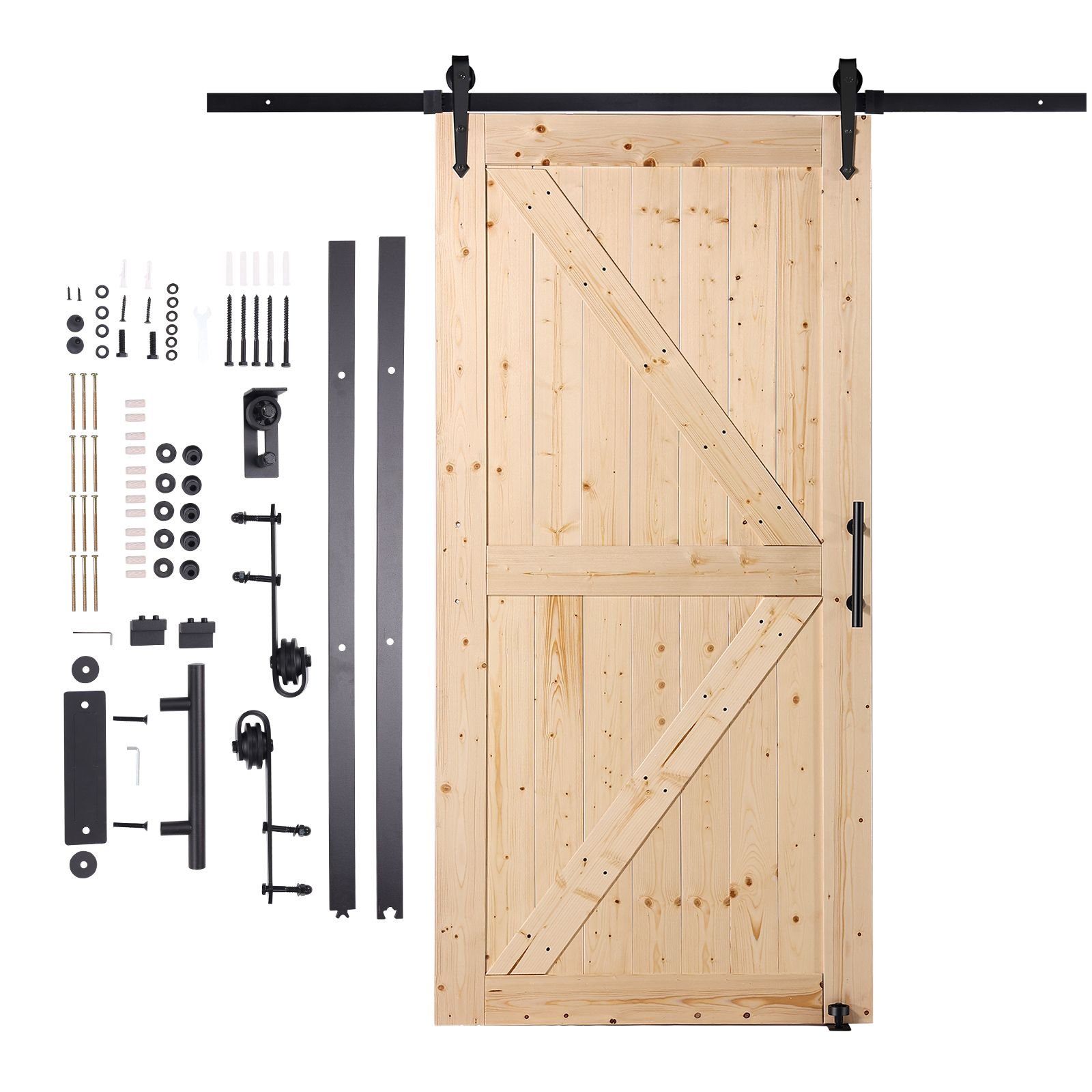 barn door and hardware kit, 42" x 84" wood sliding barn door, smoothly and quietly, barn door kit with 8 in 1 floor guide and door handle, spruce wood panelled slab, easy to install