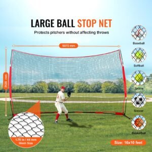 barricade backstop net, 16x10 ft ball sports barrier netting, portable practice equipment with carry bag, protection screen for baseball softball lacrosse soccer hockey training, for backyard