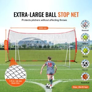 barricade backstop net, 20x10 ft ball sports barrier netting, portable practice equipment with carry bag, protection screen for baseball softball lacrosse soccer hockey training, for backyard