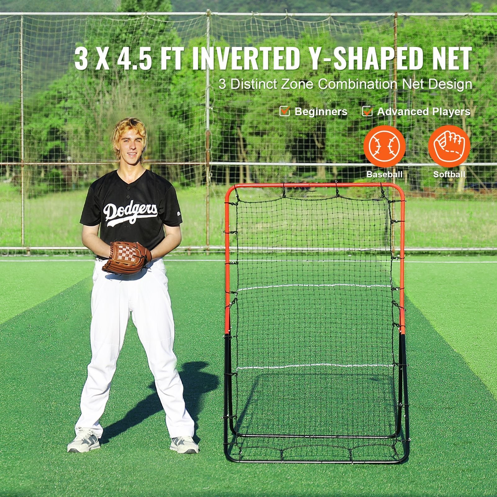 baseball and softball rebounder net, 3 x 4.5 ft pitchback baseball pitching nest, 3 way baseball, softball pitchback net, fielding trainer, bounce back net for fielding/throwing practice