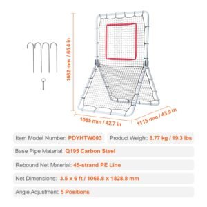 baseball and softball rebounder net, 3.5 x 6 ft pitchback baseball pitching nest, softball pitchback net, fielding trainer, bounce back net for fielding/throwing practice, 5 adjustable angles