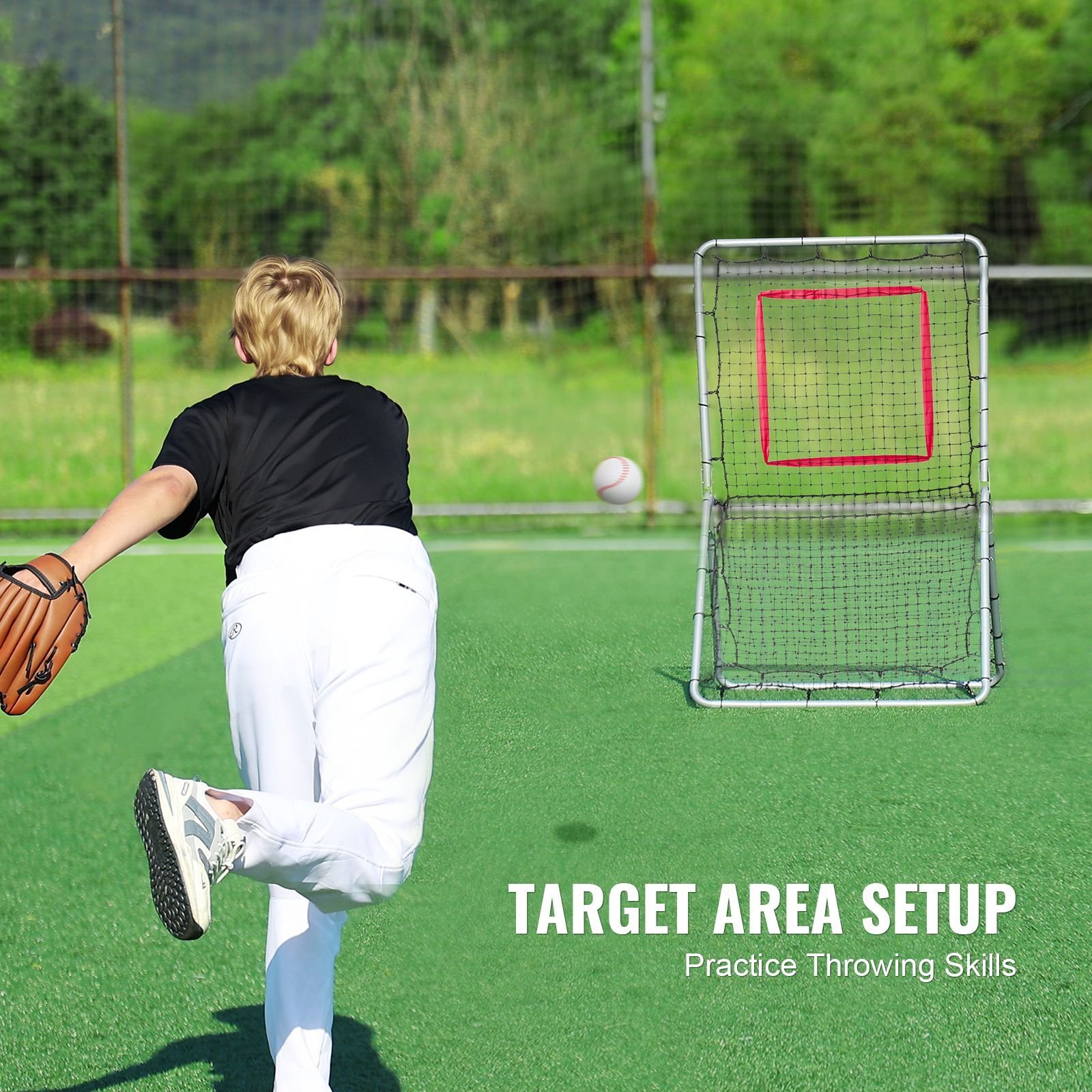 baseball and softball rebounder net, 3.5 x 6 ft pitchback baseball pitching nest, softball pitchback net, fielding trainer, bounce back net for fielding/throwing practice, 5 adjustable angles
