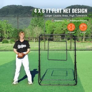 baseball and softball rebounder net, 4 x 6 feet pitchback baseball nest for pitching and fielding training, pitch return trainer rebound net with pitching target, 4 adjustable angles