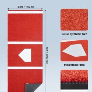 baseball hitting mat, 10x3.8 ft batting cage mat, batters box turf mats, softball batting practice equipment with home plate and anti fade turf, portable training aid for indoor outdoor, red