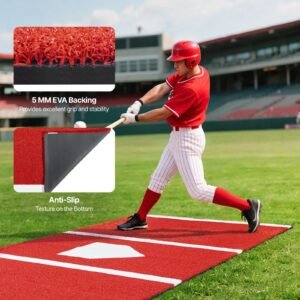 baseball hitting mat, 10x3.8 ft batting cage mat, batters box turf mats, softball batting practice equipment with home plate and anti fade turf, portable training aid for indoor outdoor, red