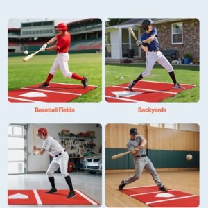 baseball hitting mat, 10x3.8 ft batting cage mat, batters box turf mats, softball batting practice equipment with home plate and anti fade turf, portable training aid for indoor outdoor, red