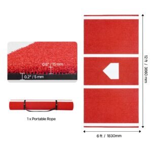 baseball hitting mat, 12x6 ft batting cage mat, batters box turf mats, softball batting practice equipment with home plate and anti fade turf, portable training aid for indoor outdoor, red
