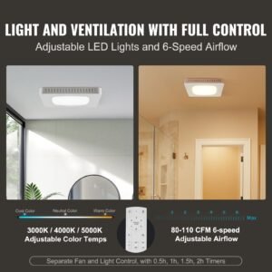 bathroom exhaust fan, 110 cfm high efficiency ventilation, 1.5sones low noise operation all copper motor, energy saving bathroom ceiling fan, no need for attic access, for various ceilings