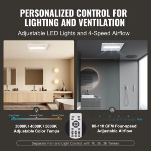 bathroom exhaust fan, 1500w heating, 110 cfm high efficiency ventilation, 1.5sones low noise operation, energy saving bathroom ceiling fan, for various ceilings