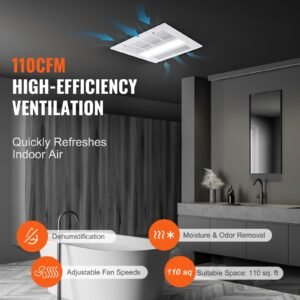bathroom exhaust fan, 1500w heating, 110 cfm high efficiency ventilation, 1.5sones low noise operation, energy saving bathroom ceiling fan, for various ceilings
