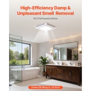 bathroom exhaust fan with led light, 110 cfm bathroom vent three gear color temp, 1.5 sones low noise, premium ac motor ceiling fan for laundry room, storage room, home ventilation, white