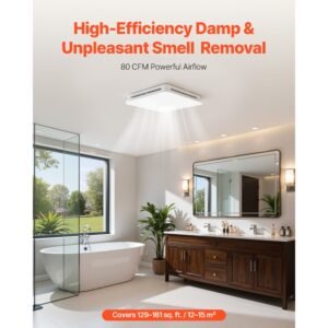 bathroom exhaust fan with led light, 80 cfm 4000k bathroom vent, 1.5 sones low noise, premium motor ceiling fan for laundry room, storage room, home ventilation, white