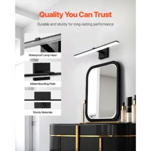 bathroom vanity light bar, 24.02 inch, led modern light fixture over mirror, with 360° rotatable, ip44 waterproof, 18w, 6000k, wall lighting for bathroom, living room, bedroom, hallway, black