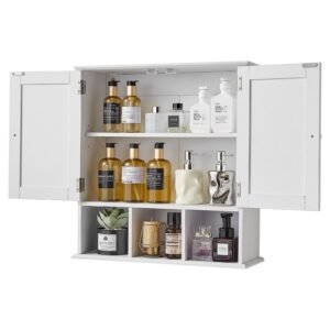 bathroom wall cabinet, 2 doors & adjustable shelf, over the toilet storage medicine cabinet wall mounted, hanging organizer with shelves & open partition for laundry room kitchen restroom, white