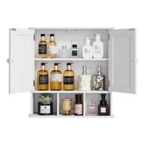 bathroom wall cabinet, 2 doors & adjustable shelf, over the toilet storage medicine cabinet wall mounted, hanging organizer with shelves & open partition for laundry room kitchen restroom, white
