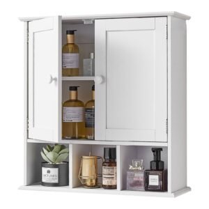 bathroom wall cabinet, 2 doors & adjustable shelf, over the toilet storage medicine cabinet wall mounted, hanging organizer with shelves & open partition for laundry room kitchen restroom, white