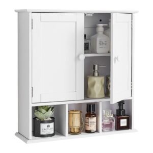 bathroom wall cabinet, 2 doors & adjustable shelf, over the toilet storage medicine cabinet wall mounted, hanging organizer with shelves & open partition for laundry room kitchen restroom, white