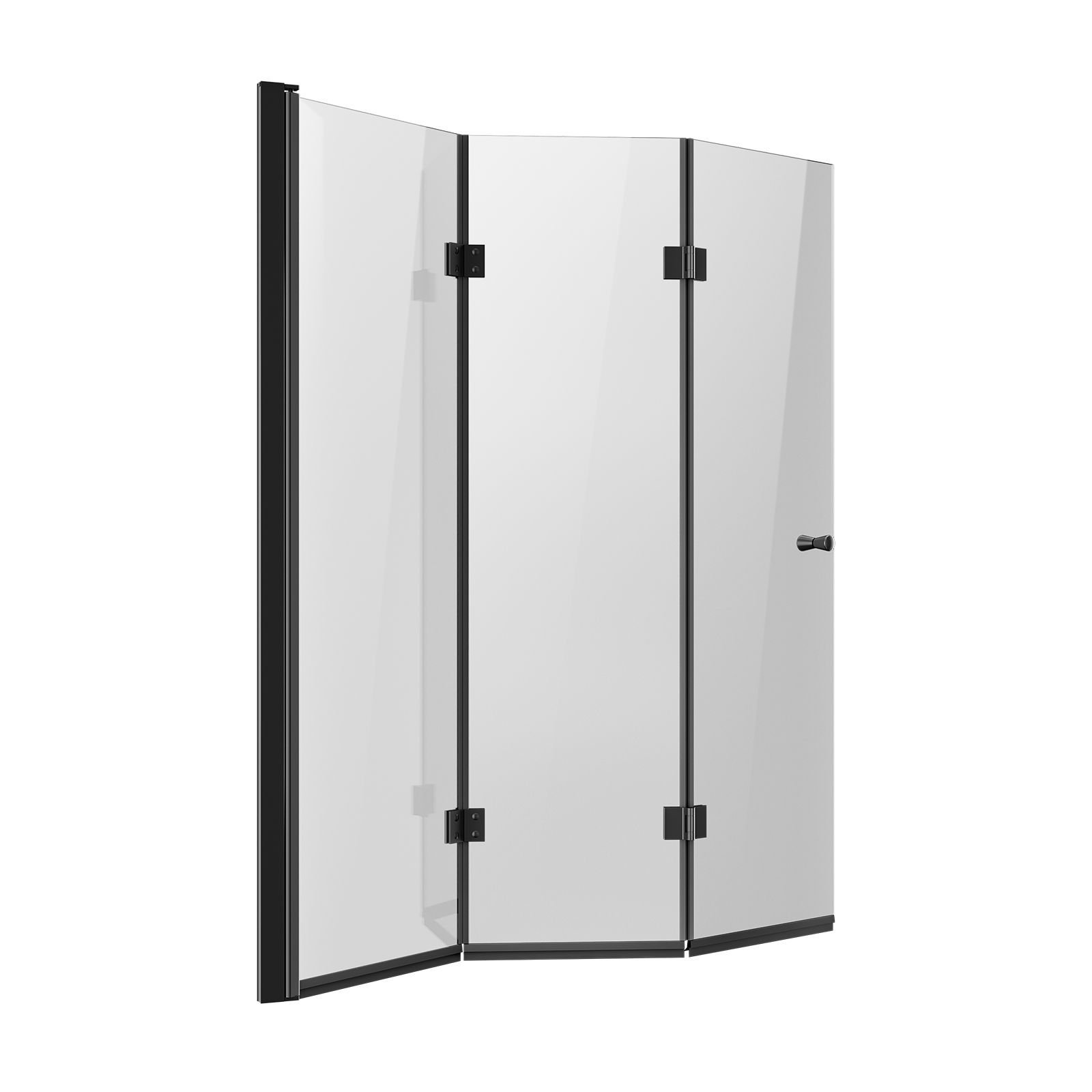 bathtub shower door, 51 in. w x 56 in. h, frameless foldable hinged shower door, tri fold shower glass door with 1/4 in tempered glass door, 180°rotating and folding design, for bathtub, black