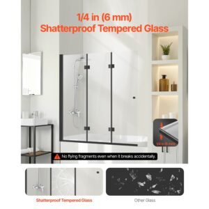 bathtub shower door, 51 in. w x 56 in. h, frameless foldable hinged shower door, tri fold shower glass door with 1/4 in tempered glass door, 180°rotating and folding design, for bathtub, black
