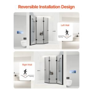 bathtub shower door, 51 in. w x 56 in. h, frameless foldable hinged shower door, tri fold shower glass door with 1/4 in tempered glass door, 180°rotating and folding design, for bathtub, black