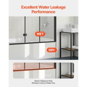 bathtub shower door, 51 in. w x 56 in. h, frameless foldable hinged shower door, tri fold shower glass door with 1/4 in tempered glass door, 180°rotating and folding design, for bathtub, black