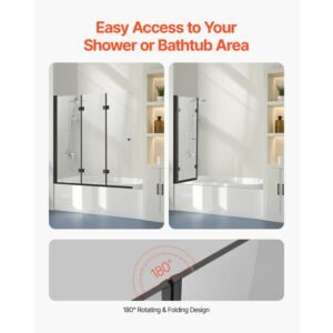 bathtub shower door, 51 in. w x 56 in. h, frameless foldable hinged shower door, tri fold shower glass door with 1/4 in tempered glass door, 180°rotating and folding design, for bathtub, black