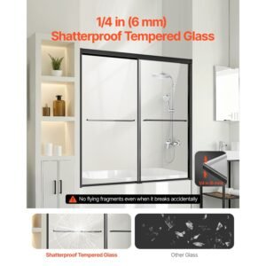 Bathtub Shower Door, 56-60 in. W x 60 in. H, Semi-Frameless Double Sliding Tub Door, Semi-Frameless Bypass Tub Door with 1/4 in Shatterproof Tempered Glass and Stainless Steel Handle, Black