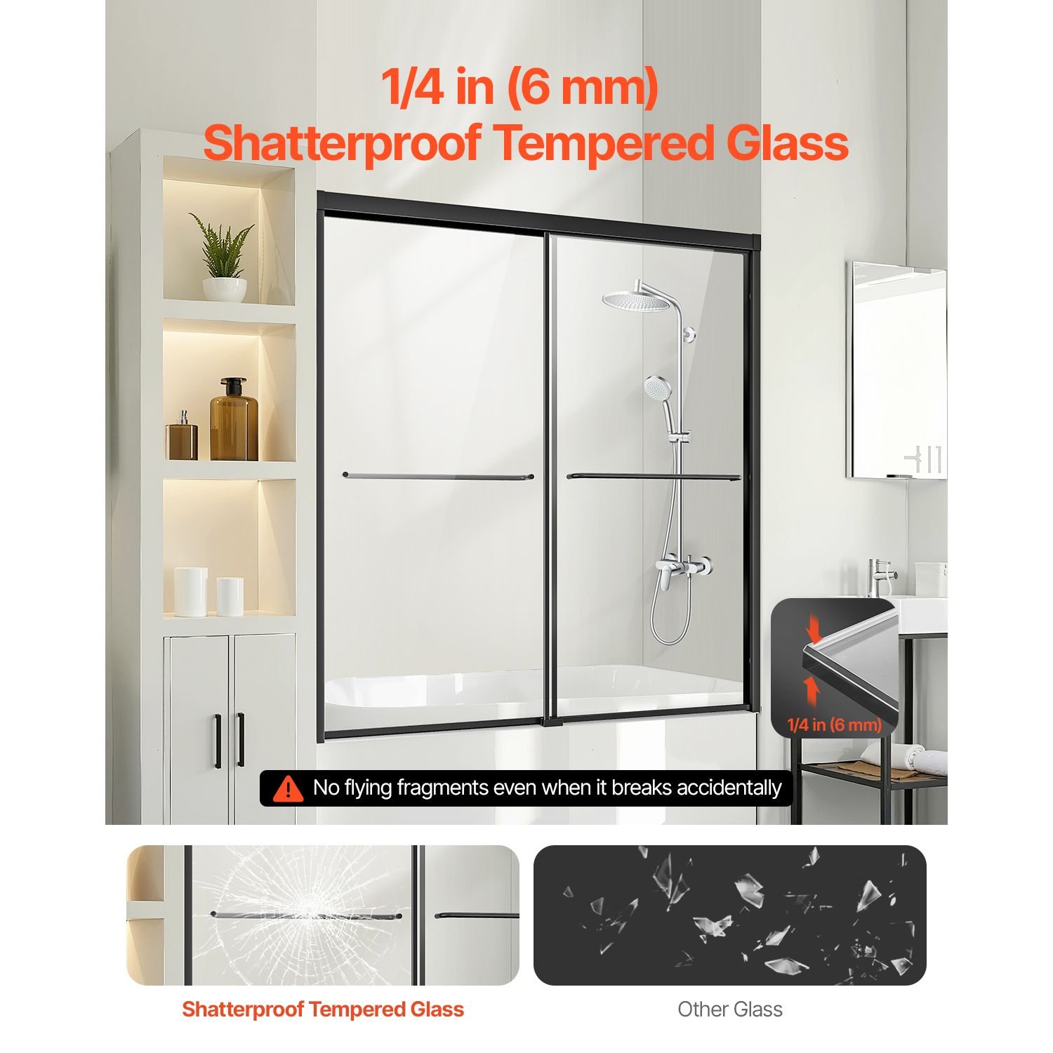 bathtub shower door, 56 60 in. w x 60 in. h, semi frameless double sliding tub door, semi frameless bypass tub door with 1/4 in shatterproof tempered glass and stainless steel handle, black