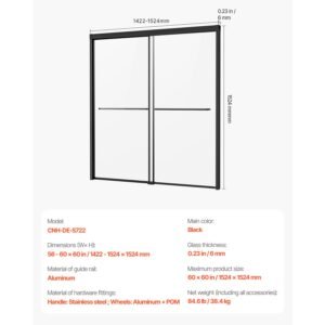 bathtub shower door, 56 60 in. w x 60 in. h, semi frameless double sliding tub door, semi frameless bypass tub door with 1/4 in shatterproof tempered glass and stainless steel handle, black
