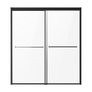 bathtub shower door, 56 60 in. w x 60 in. h, semi frameless double sliding tub door, semi frameless bypass tub door with 1/4 in shatterproof tempered glass and stainless steel handle, black