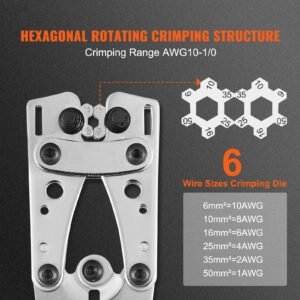 battery cable lug crimping tool, 10 1/0awg with cable cutter and 48pcs copper ring terminals, 6 wire sizes crimping die and 100pcs heat shrink tubes, for heavy duty wire lugs