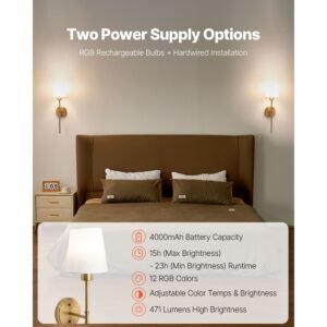 battery operated wall sconce set of 2, 4000mah rechargeable wireless wall lights with remote control, 30 lighting modes, 12 rgb colors & timer, dimmable wall lamp for living room bedroom hallway