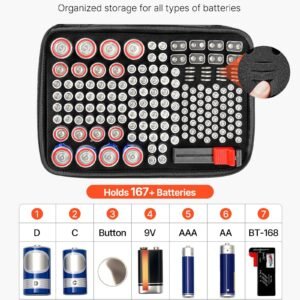 battery organizer storage box, battery case bag with tester bt 168, waterproof batteries organizer storage case with zipper, holds 167 batteries aa aaa c d 9v button, black (box only)