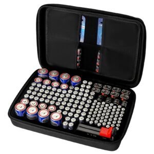 Battery Organizer Storage Box, Battery Case Bag with Tester BT-168, Waterproof Batteries Organizer Storage Case with Zipper, Holds 167 Batteries AA AAA C D 9V Button, Black (Box Only)