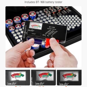 battery organizer storage box, battery case bag with tester bt 168, waterproof batteries organizer storage case with zipper, holds 167 batteries aa aaa c d 9v button, black (box only)