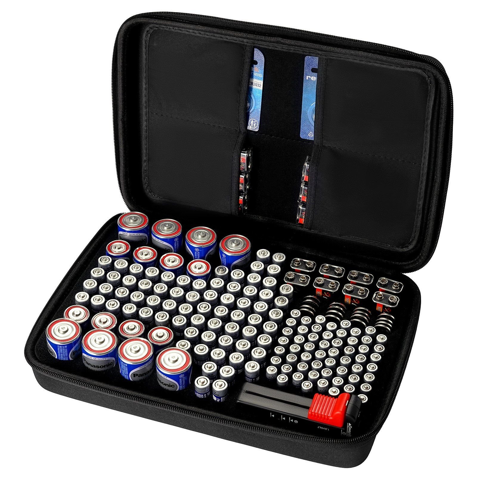 battery organizer storage box, battery case bag with tester bt 168, waterproof batteries organizer storage case with zipper, holds 167 batteries aa aaa c d 9v button, black (box only)